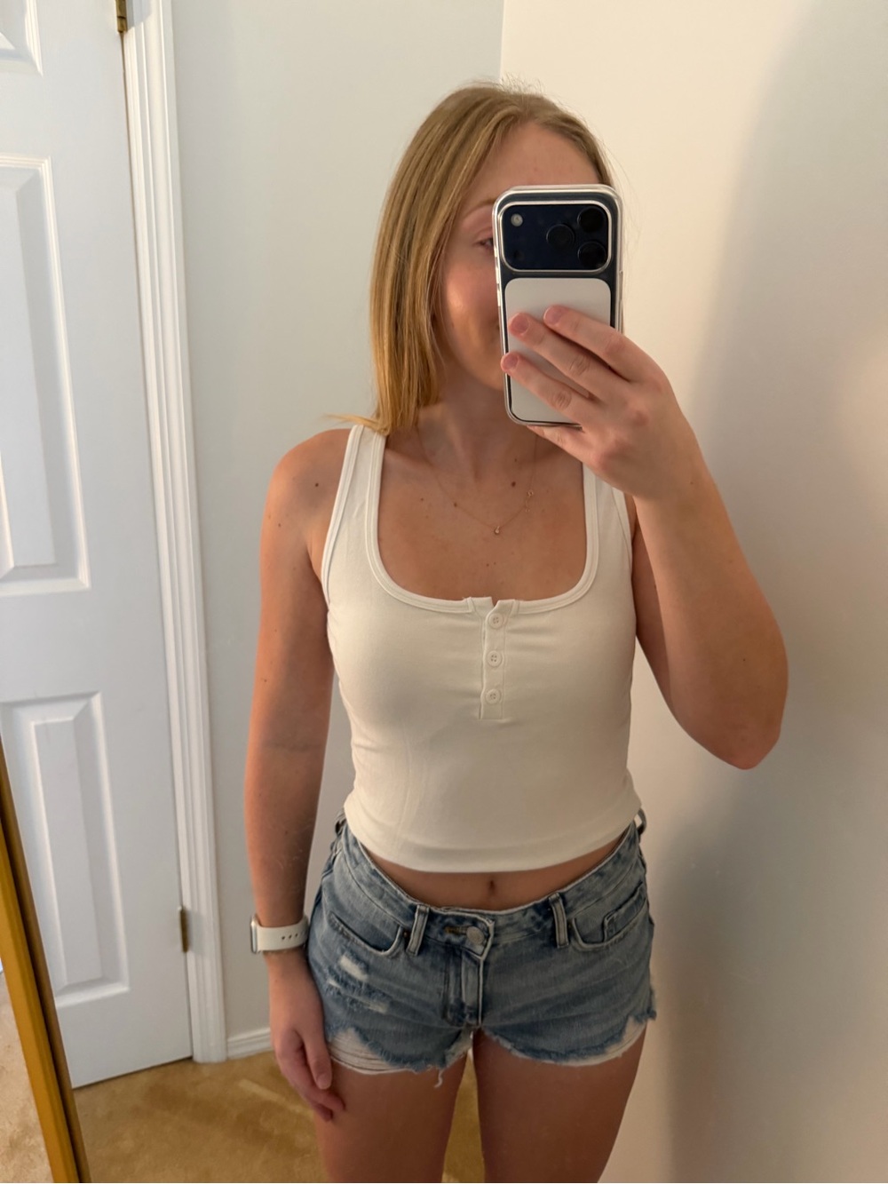 Amazon Women's Cream Ribbed Crop Henley Tank